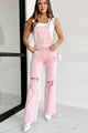 Majorly Crushing Wide Leg Distressed Risen Overalls (Acid Pink) - NanaMacs