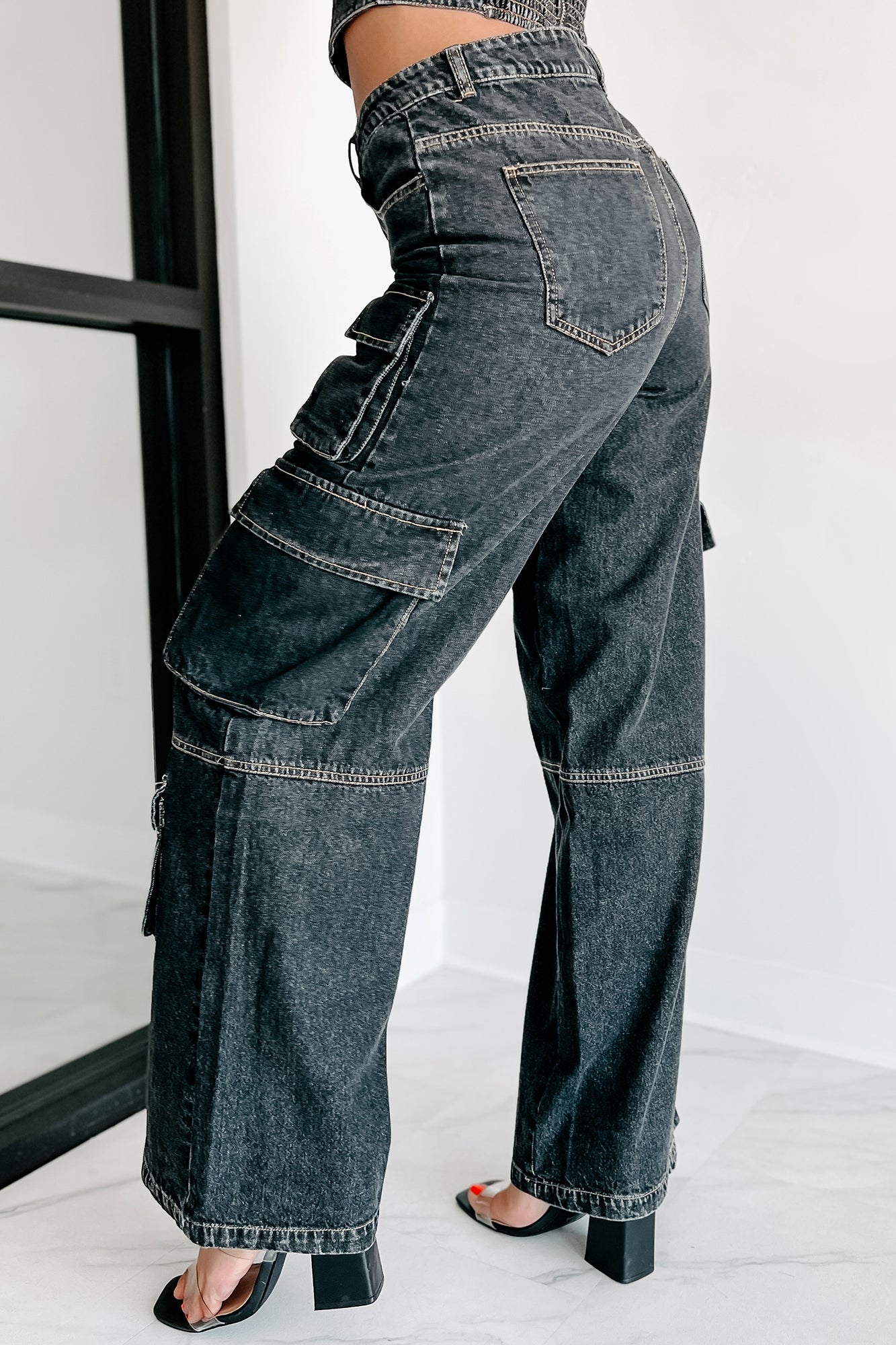 Antonella High Rise Wide Leg Cargo Jeans (Black) - NanaMacs