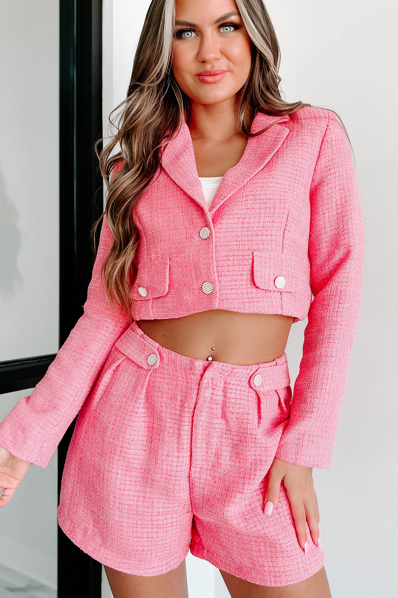 Nylon Apparel Women's Taking Calls Tweed Crop Blazer & Shorts Set in Hot Pink - Size L