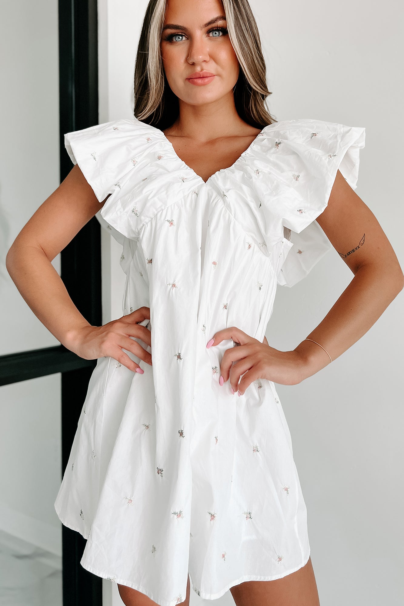 Come Back Home Floral Embroidered Ruffle Babydoll Dress (White) - NanaMacs