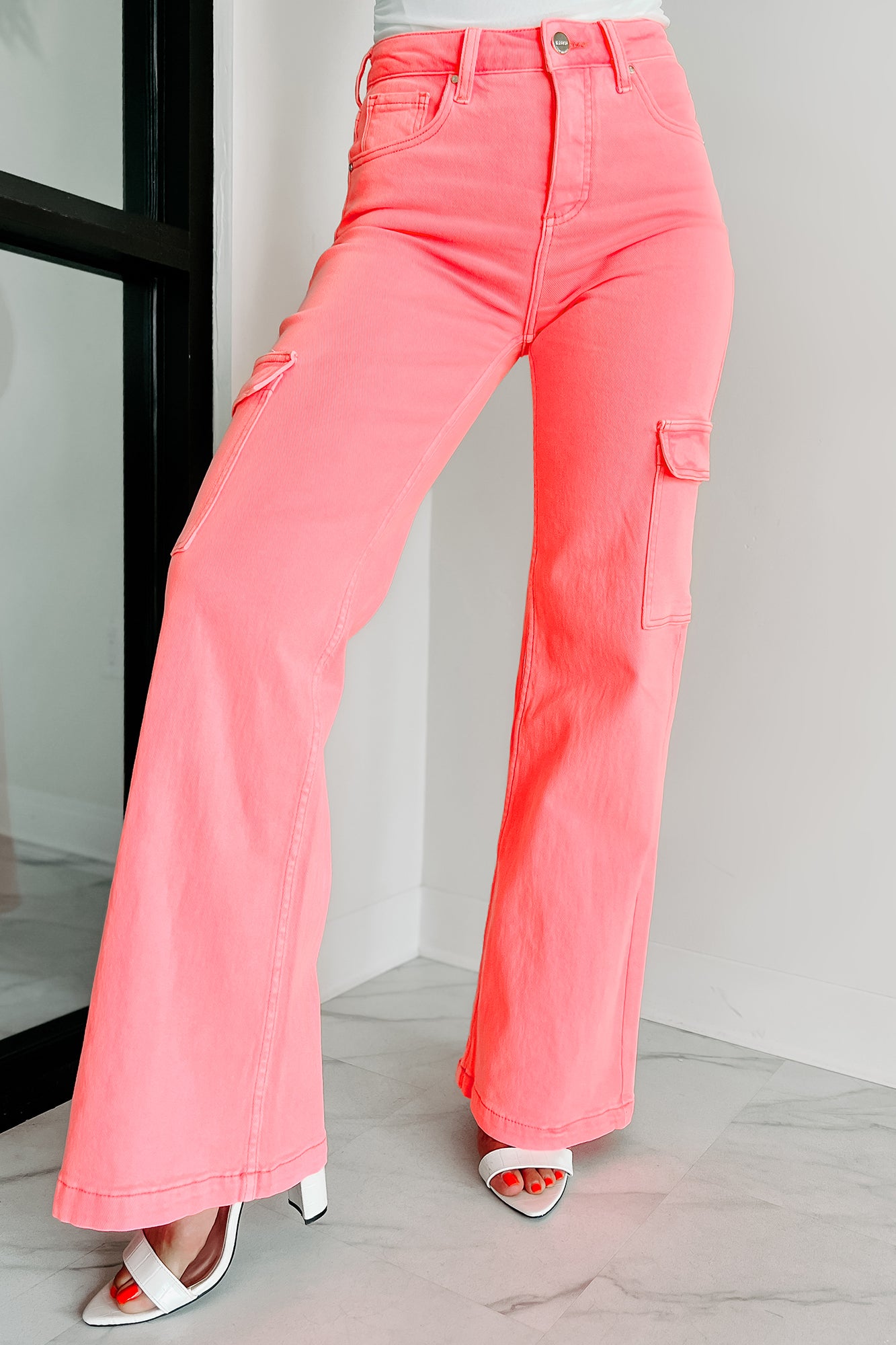 Hot Pink Belted Wide Leg Cargo Jeans