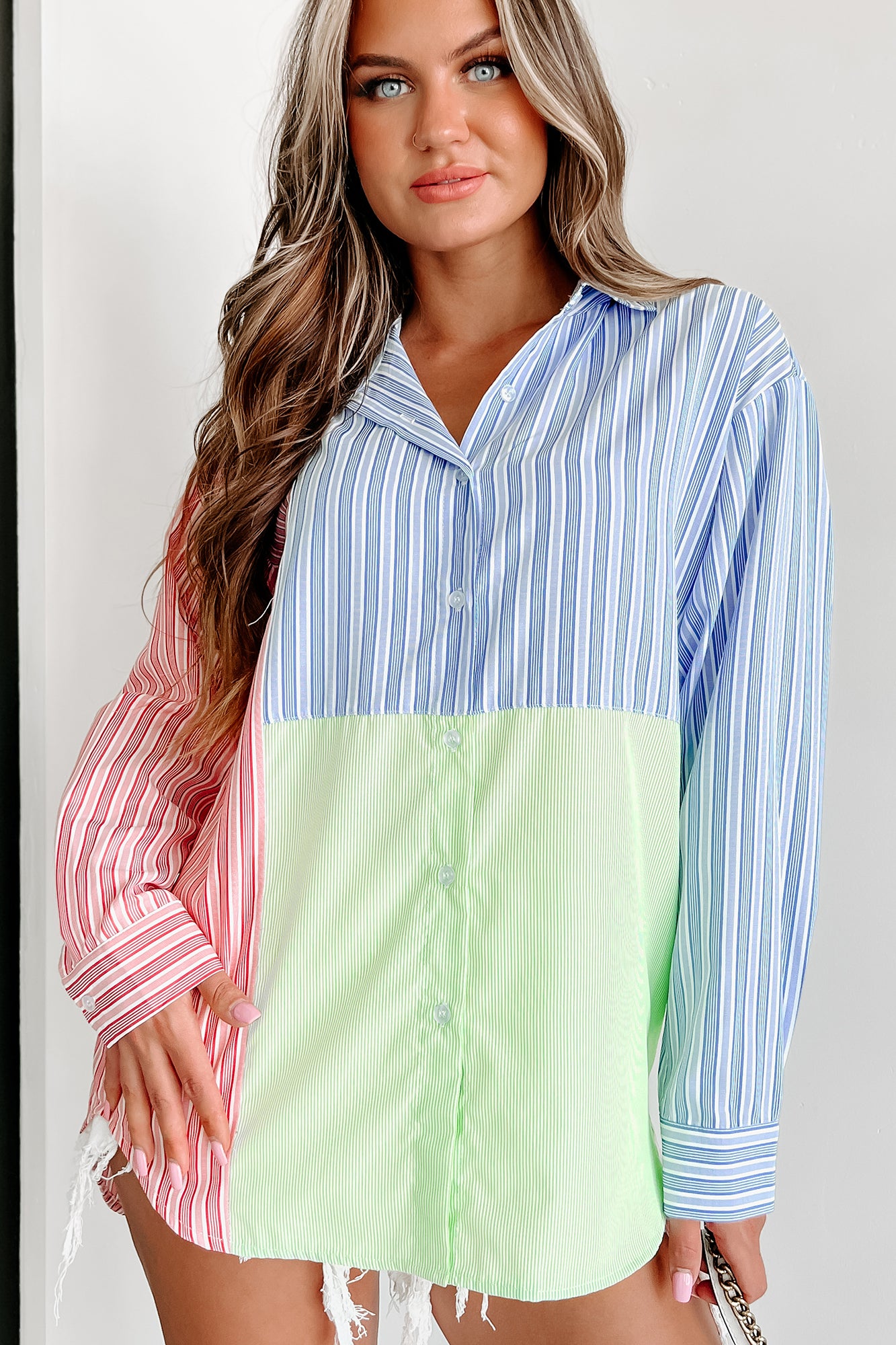 Writing My Future Striped Colorblock Button-Down Shirt (Multi) - NanaMacs