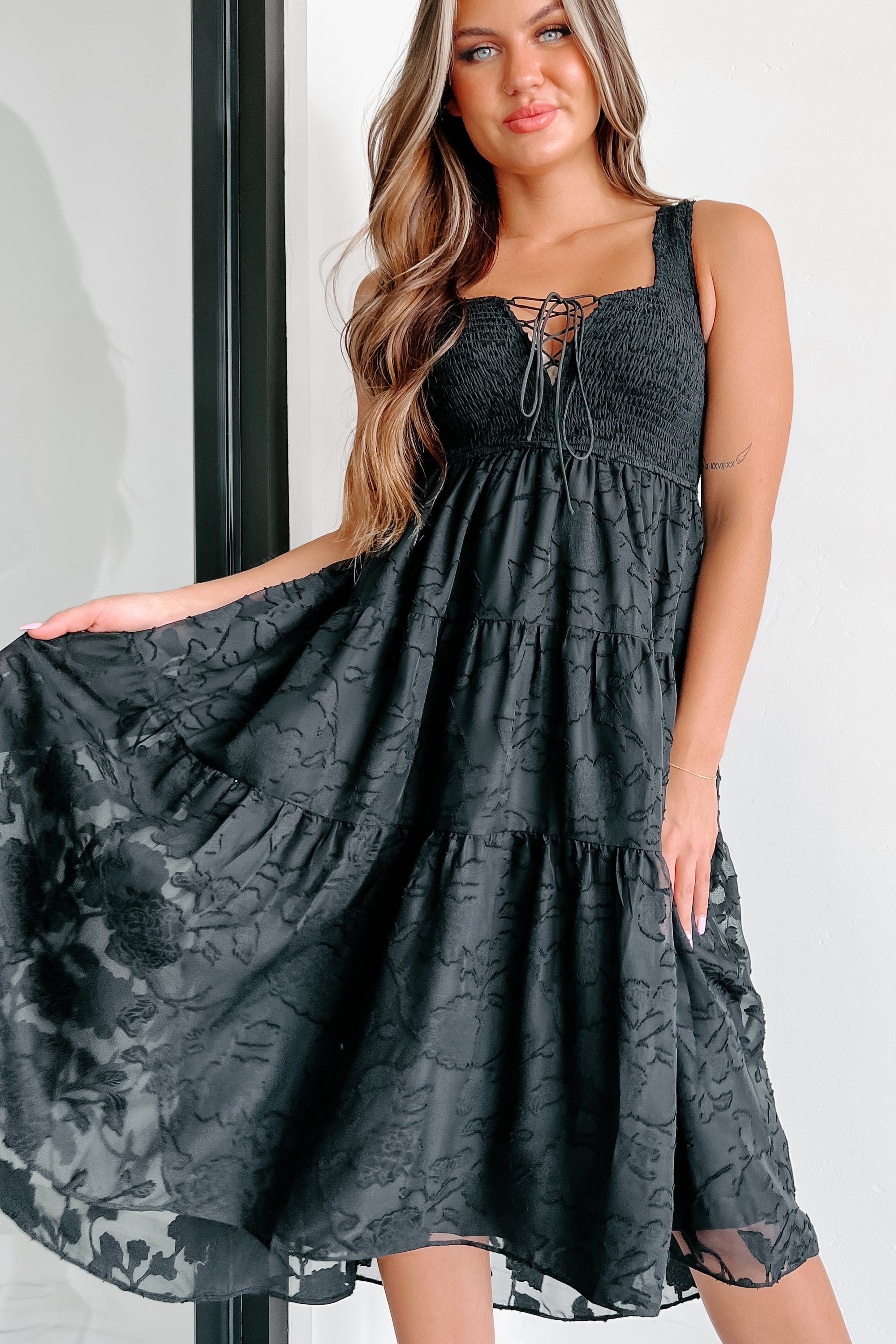 Anitta Tiered Smocked Lace-Up Midi Dress (Black) - NanaMacs