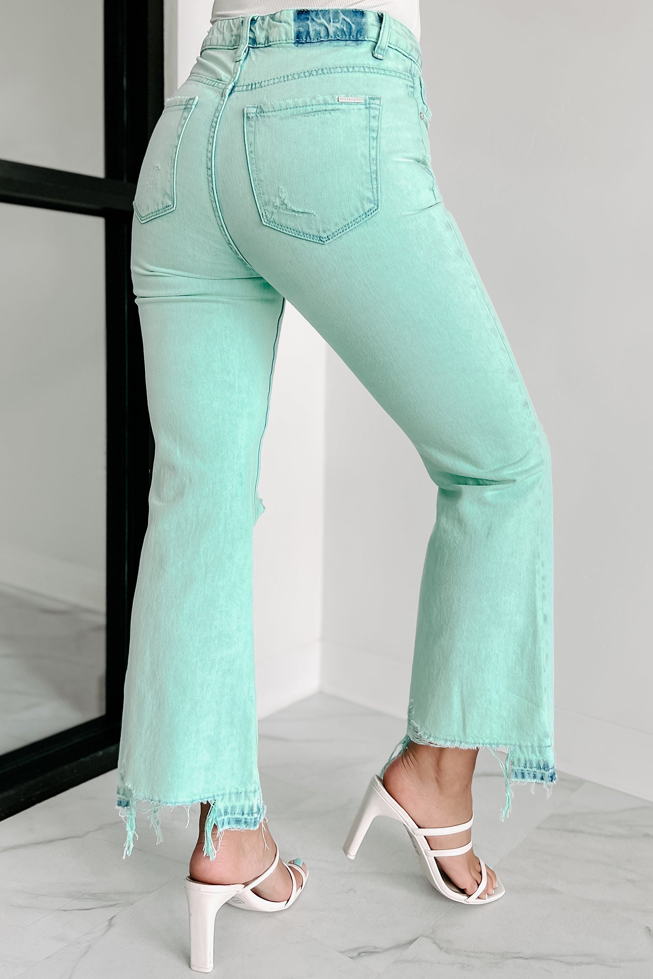 Stacy Dye Wash High Rise Crop Flare Jeans (Aqua) - NanaMacs