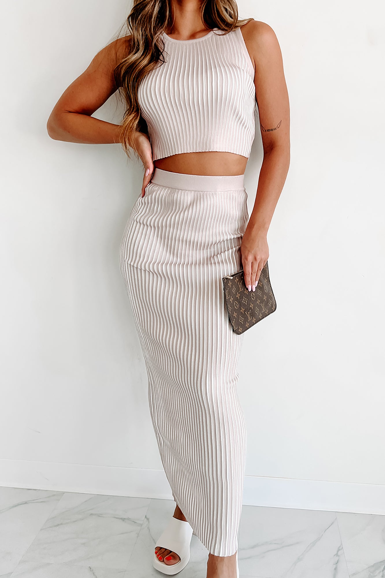 Dream Without Fear Ribbed Crop Top & Maxi Skirt Set (Nude) - NanaMacs