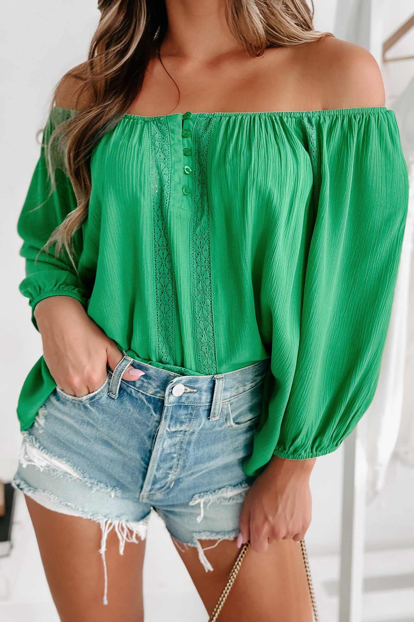 My Only Vice Lace Detail 3/4 Sleeve Blouse (Green) - NanaMacs