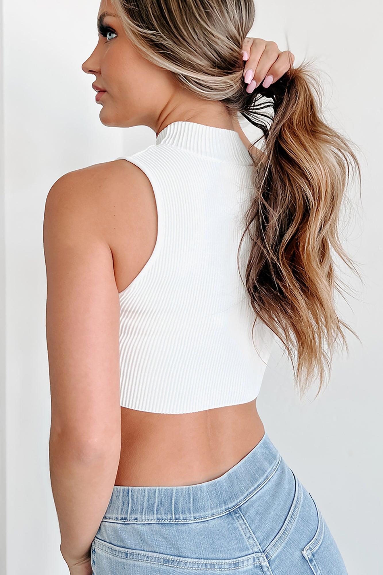 Whatever That Means Ribbed Mock Neck Crop Top (White) - NanaMacs