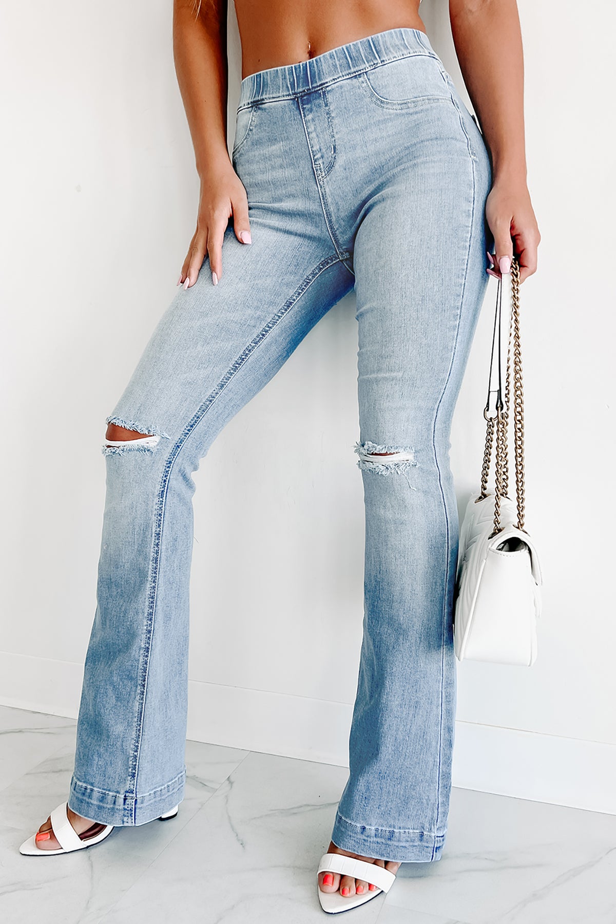 County Line Mid-Rise Distressed Flare Jeans (Light Denim) · NanaMacs