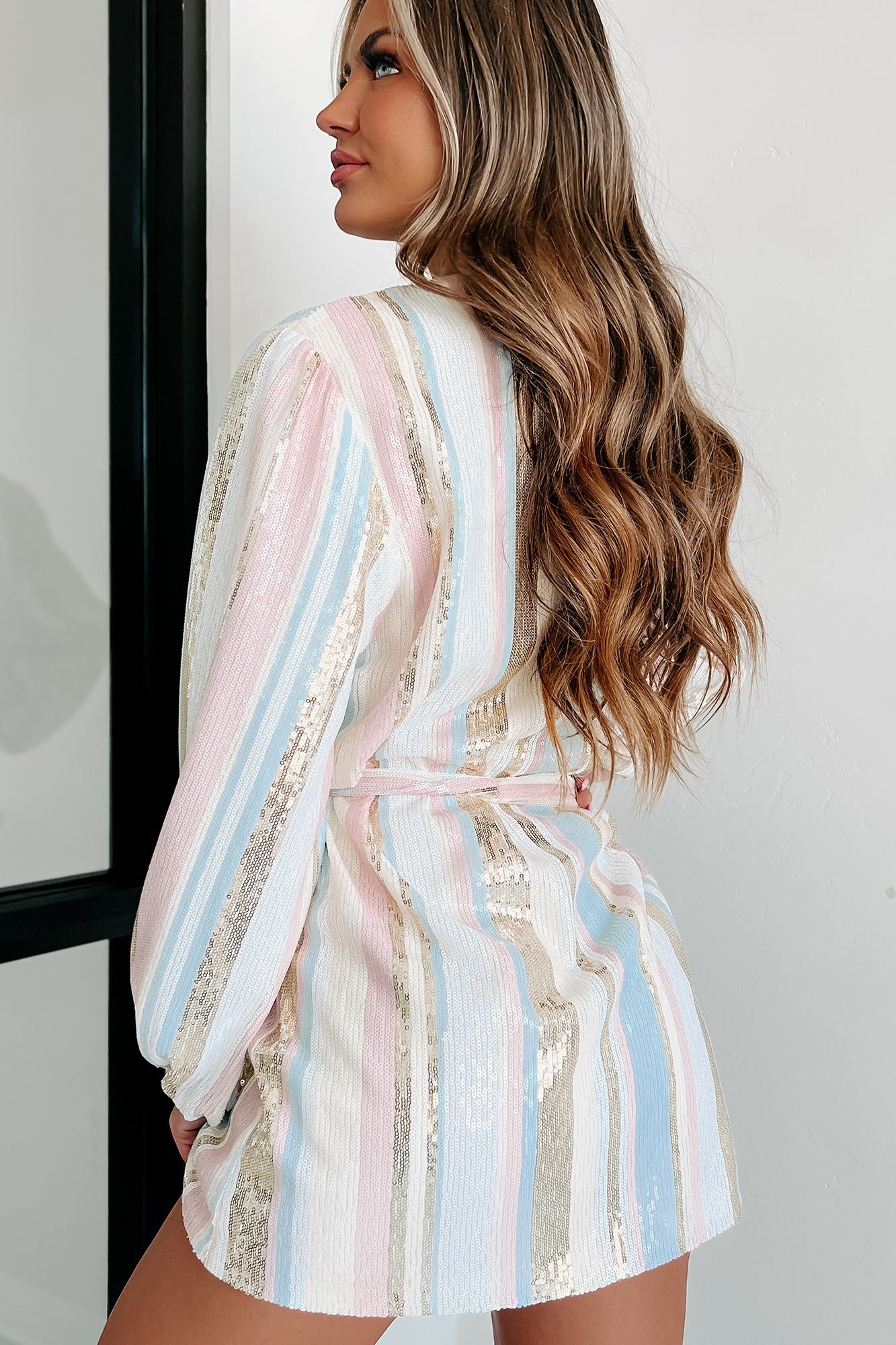 Confidently Extra Striped Sequin Wrap Dress (Multi) - NanaMacs