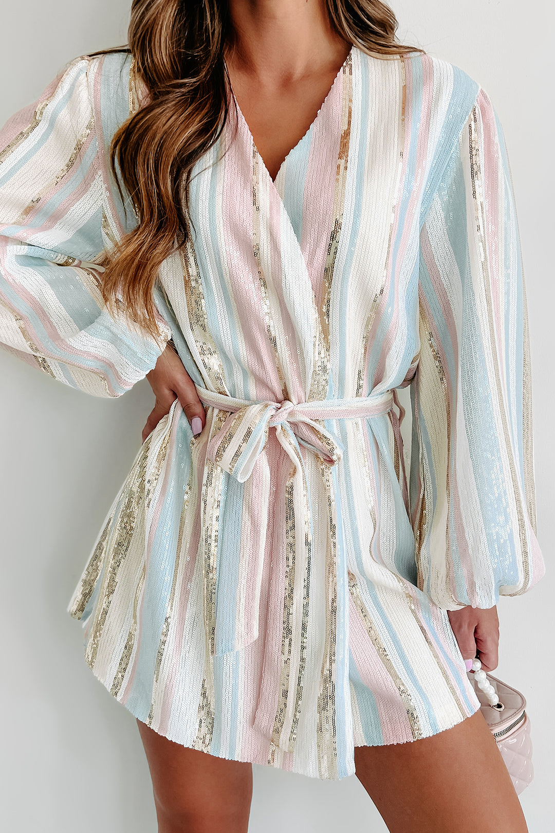 Confidently Extra Striped Sequin Wrap Dress (Multi) - NanaMacs