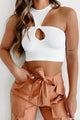 Cleverly Phrased Cut-Out Ribbed Crop Top (White) - NanaMacs