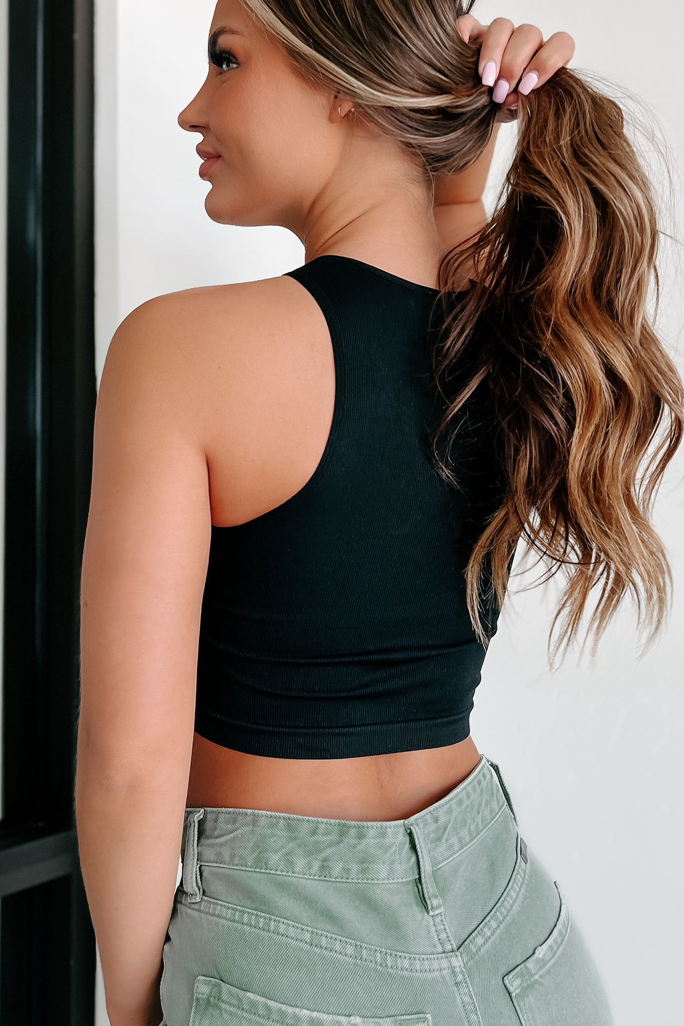 Cleverly Phrased Cut-Out Ribbed Crop Top (Black) - NanaMacs