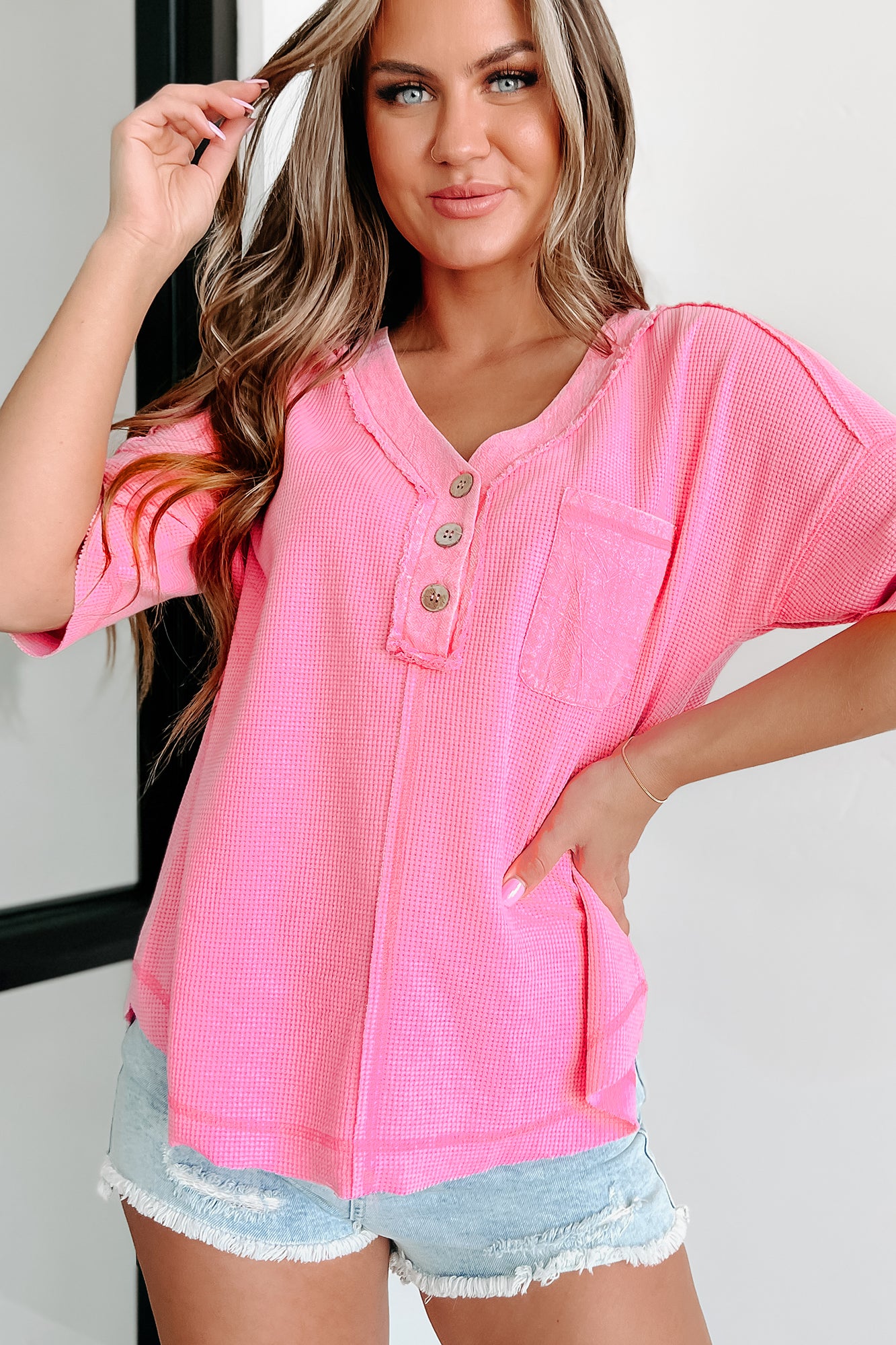 I've Got Places To Be Short Sleeve Thermal Knit Top (Pink) - NanaMacs