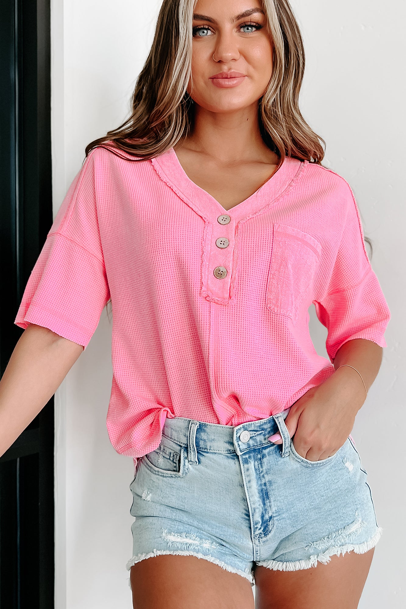 I've Got Places To Be Short Sleeve Thermal Knit Top (Pink) - NanaMacs