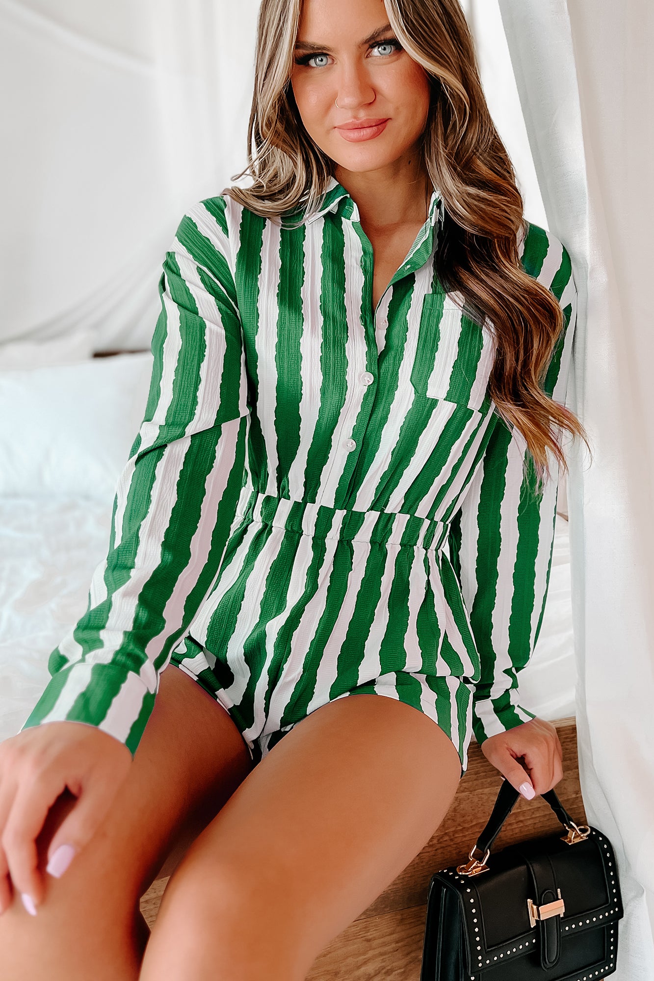 Bet Your Luck Striped Long Sleeve Romper (Green/White) - NanaMacs