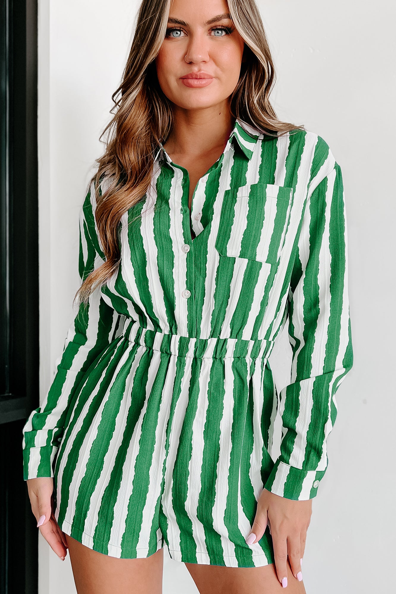 Bet Your Luck Striped Long Sleeve Romper (Green/White) - NanaMacs