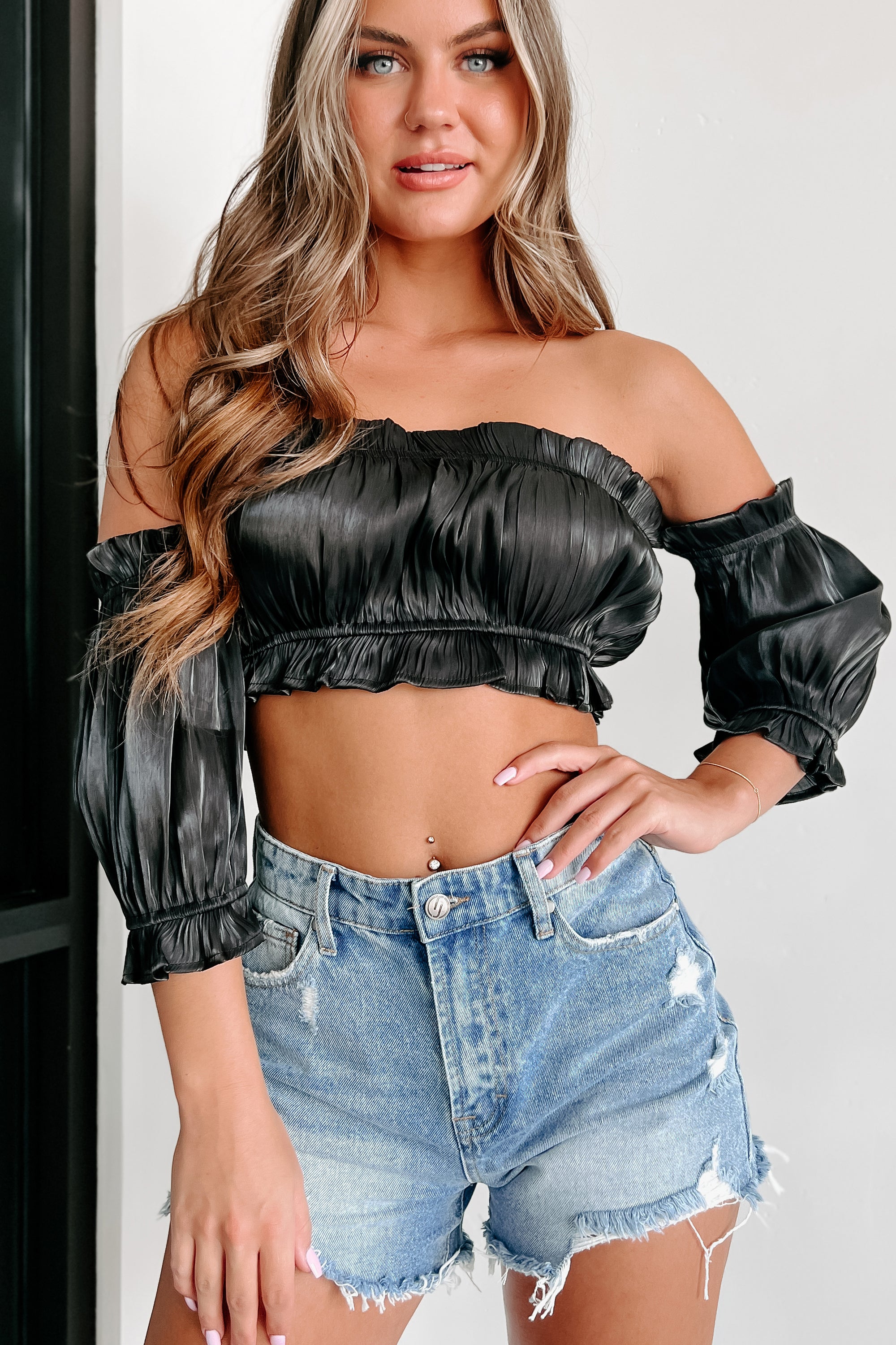 A Date With Fate Off The Shoulder Pleated Crop Top (Black) - NanaMacs