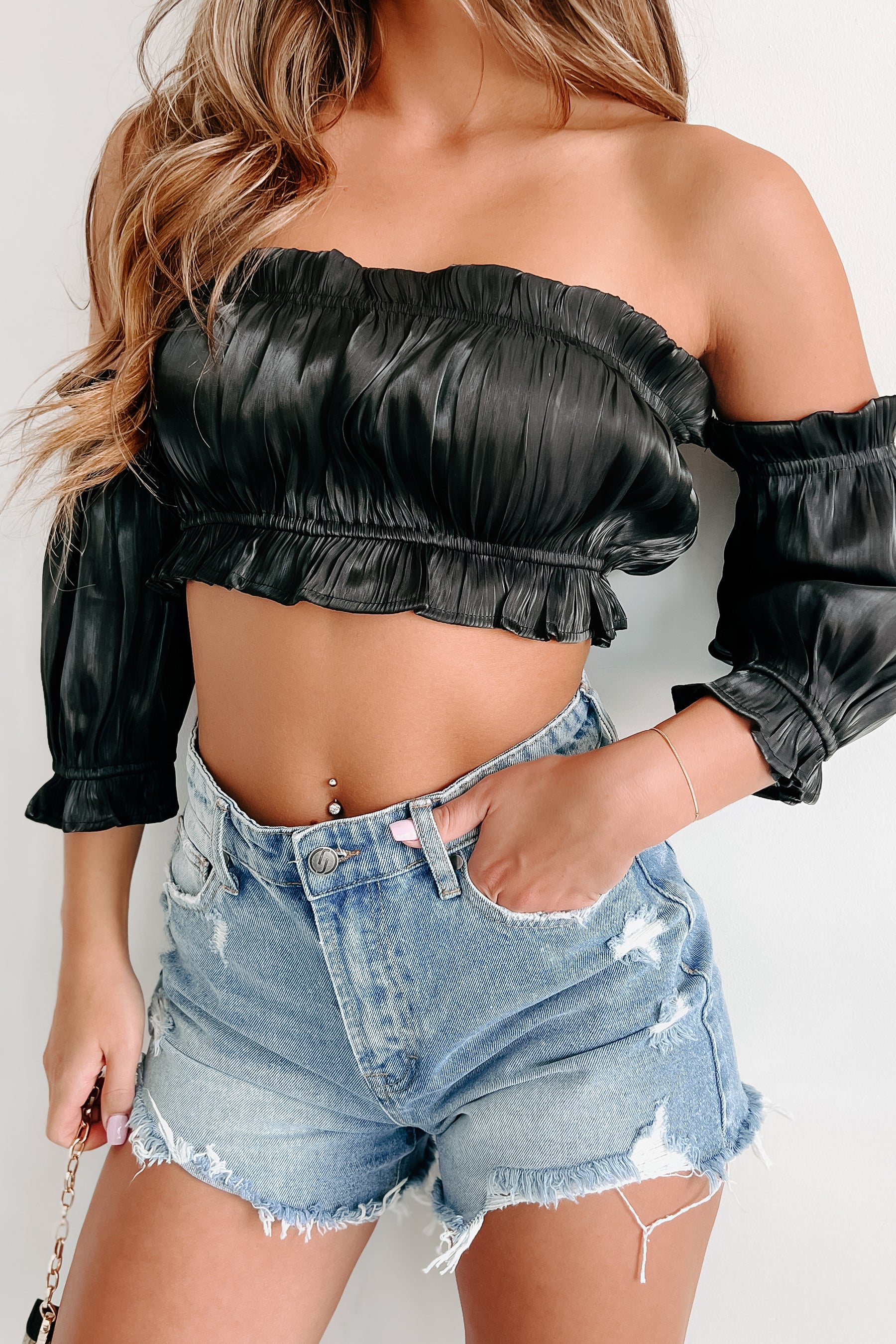 A Date With Fate Off The Shoulder Pleated Crop Top (Black) - NanaMacs