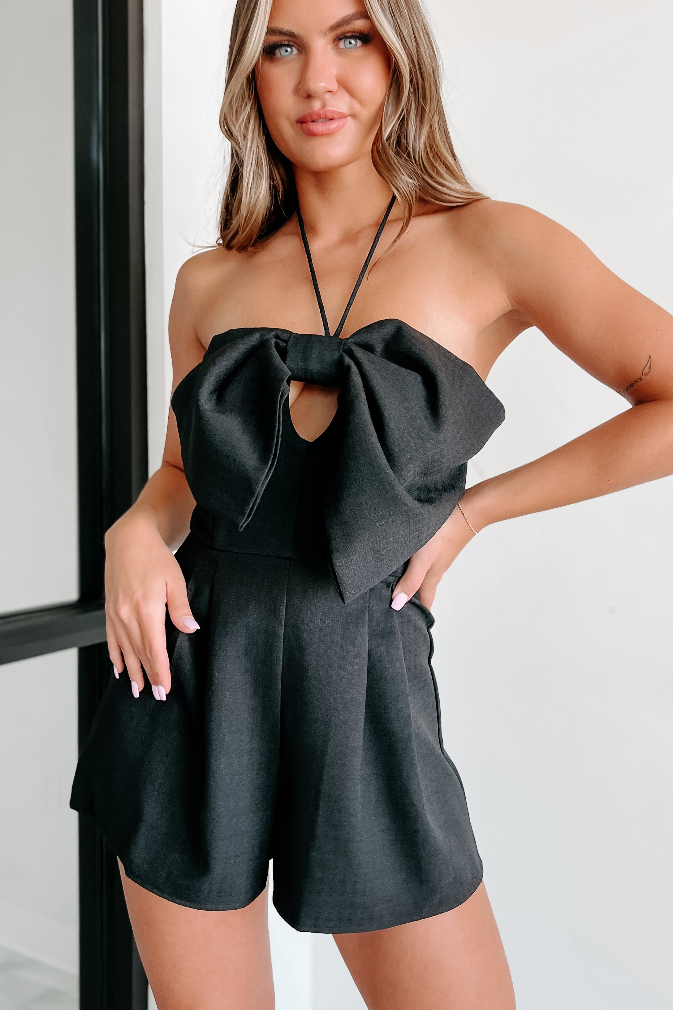 Mysterious Admirer Bow-Front Halter Tie Romper (Black)