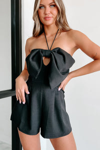 Mysterious Admirer Bow-Front Halter Tie Romper (Black) - NanaMacs