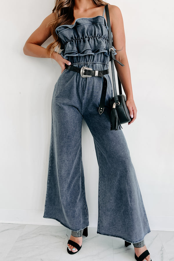 Under Your Love Spell Ruffled Wide Leg Jumpsuit (Dark Denim Blue) - NanaMacs