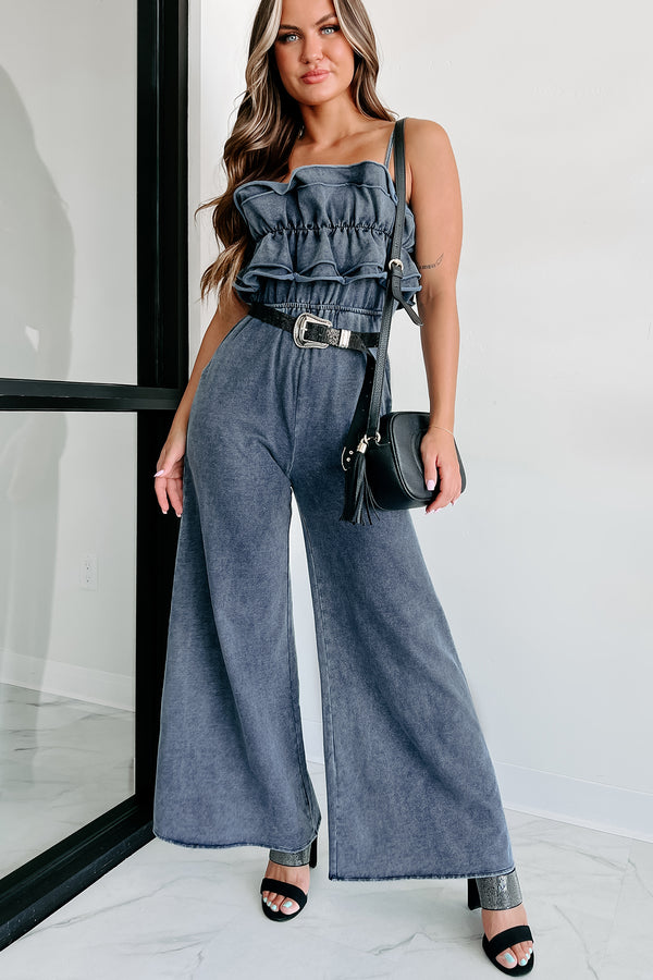 Under Your Love Spell Ruffled Wide Leg Jumpsuit (Dark Denim Blue) - NanaMacs