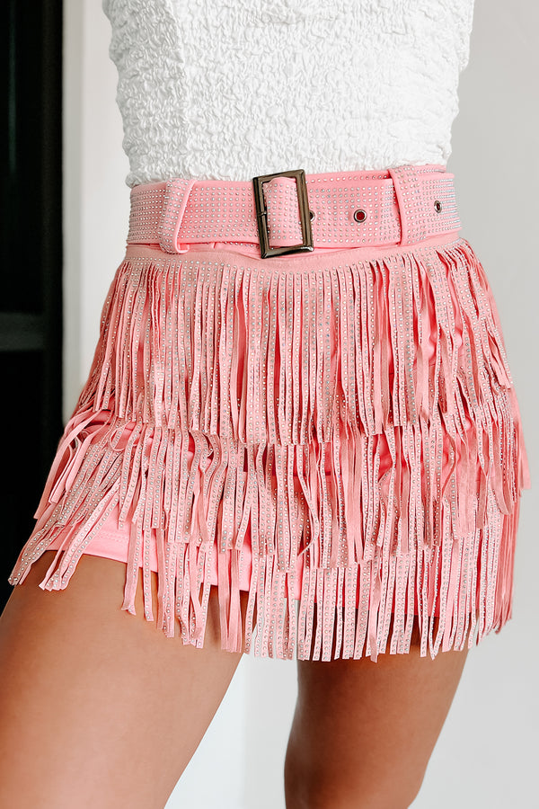 Spotlight Stealer Rhinestone Fringe Mini Skort (Pink) - NanaMacs