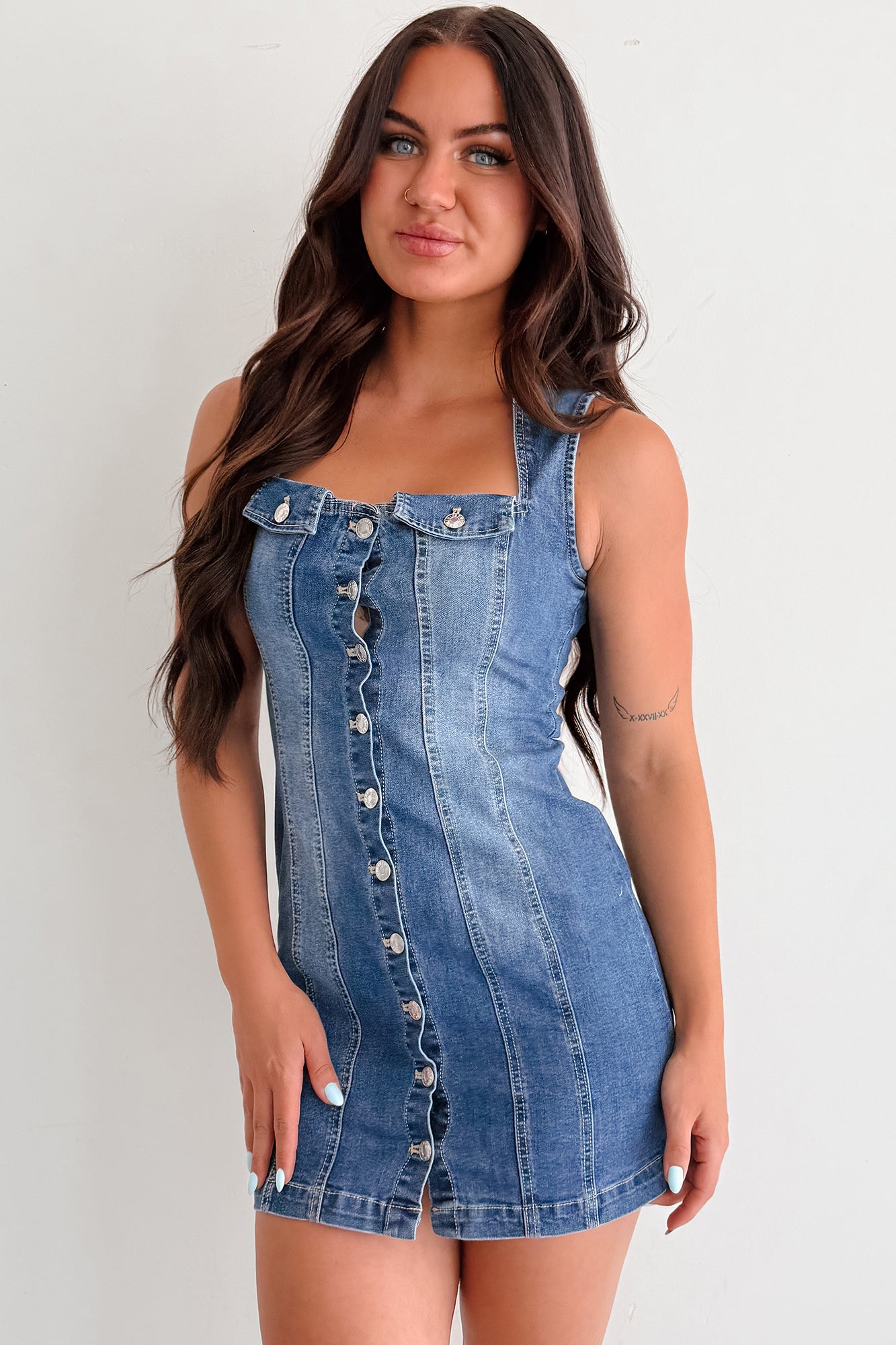 Women's No Bad Days Denim Button Down Mini Dress in Blue - Size L Women's No Bad Days Denim Button Down Mini Dress in Blue - Size L