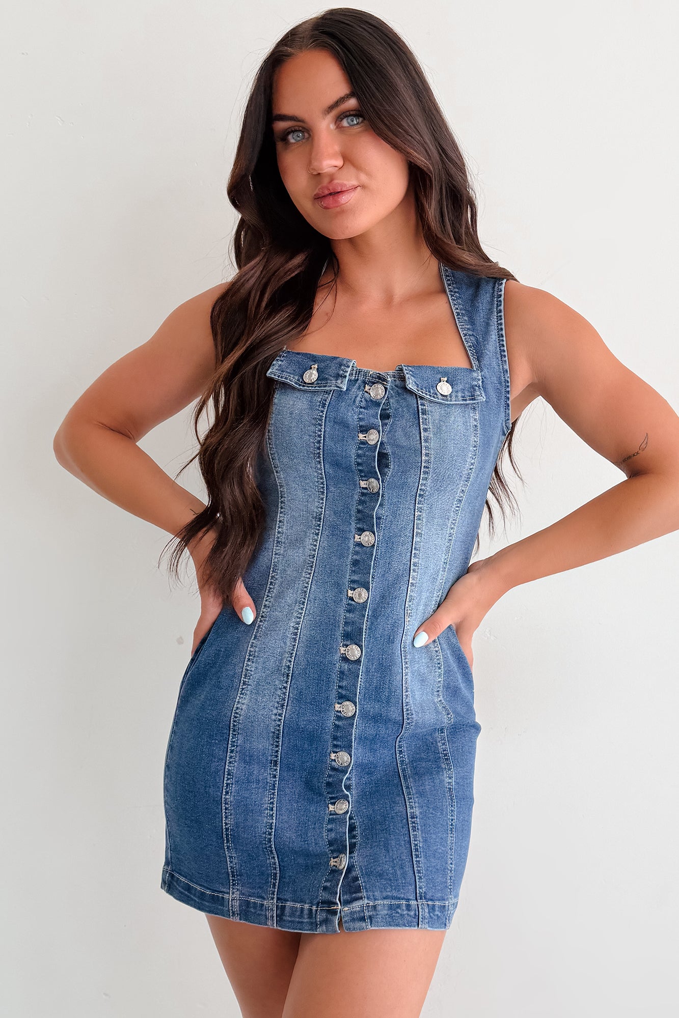 No Bad Days Denim Button Down Mini Dress (Blue) - NanaMacs