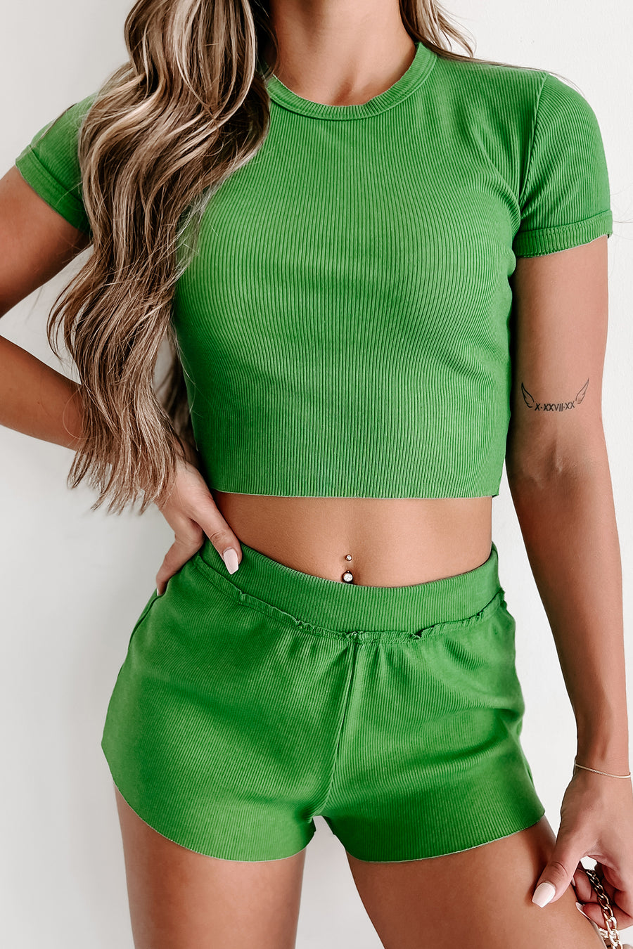 Forget Your Worries Ribbed Two-Piece Shorts Set (Green) - NanaMacs