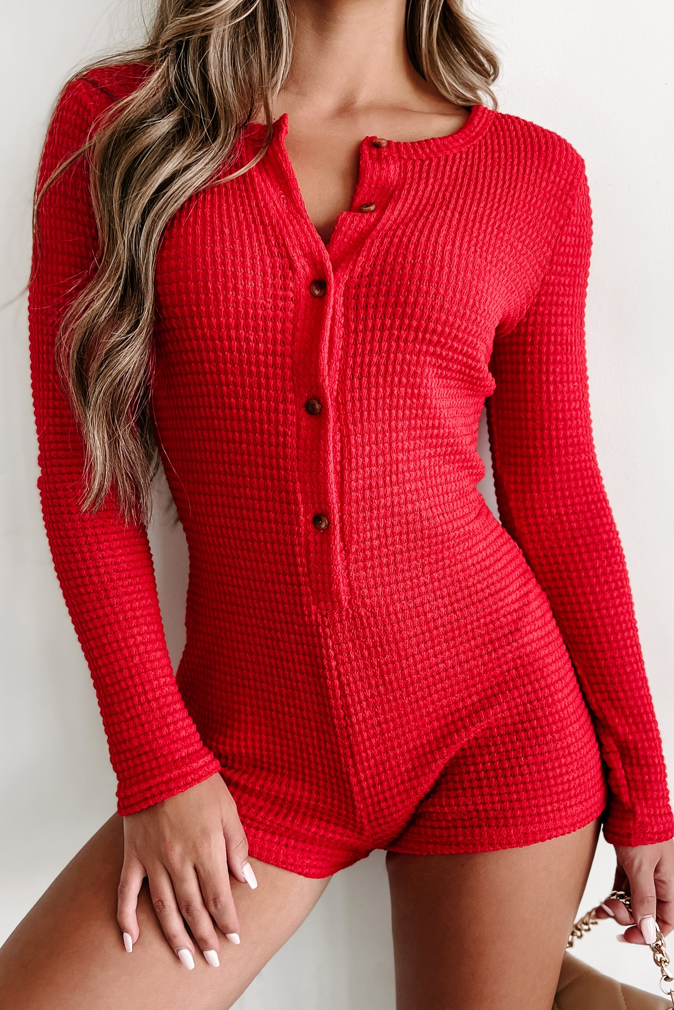 Frosted Mornings Waffle Knit Button-Down Romper (Red) - NanaMacs