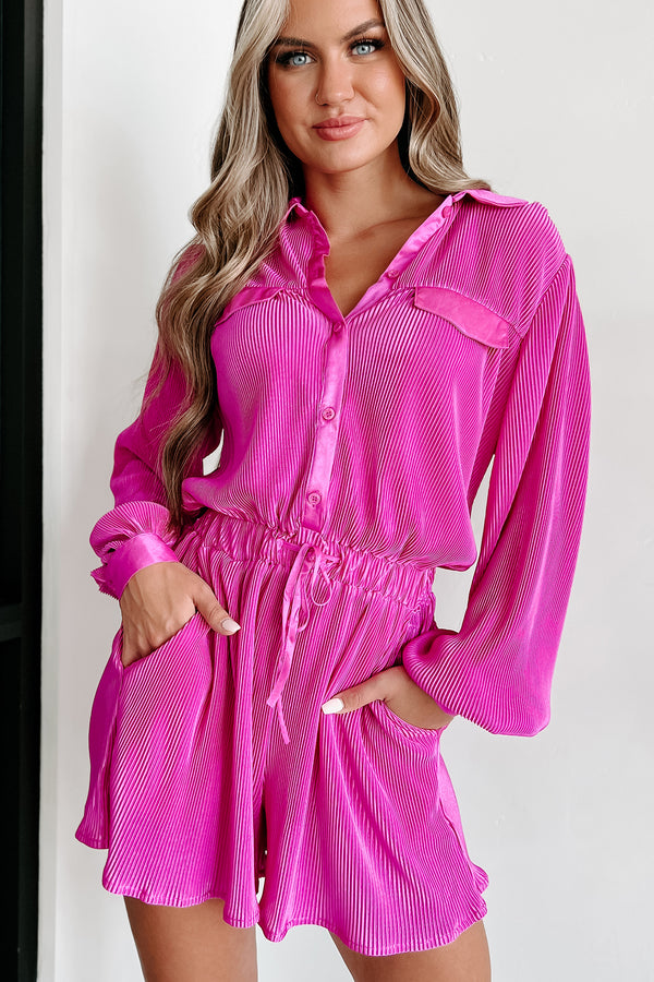 Making Magic Happen Pleated Long Sleeve Romper (Magenta Pink) - NanaMacs