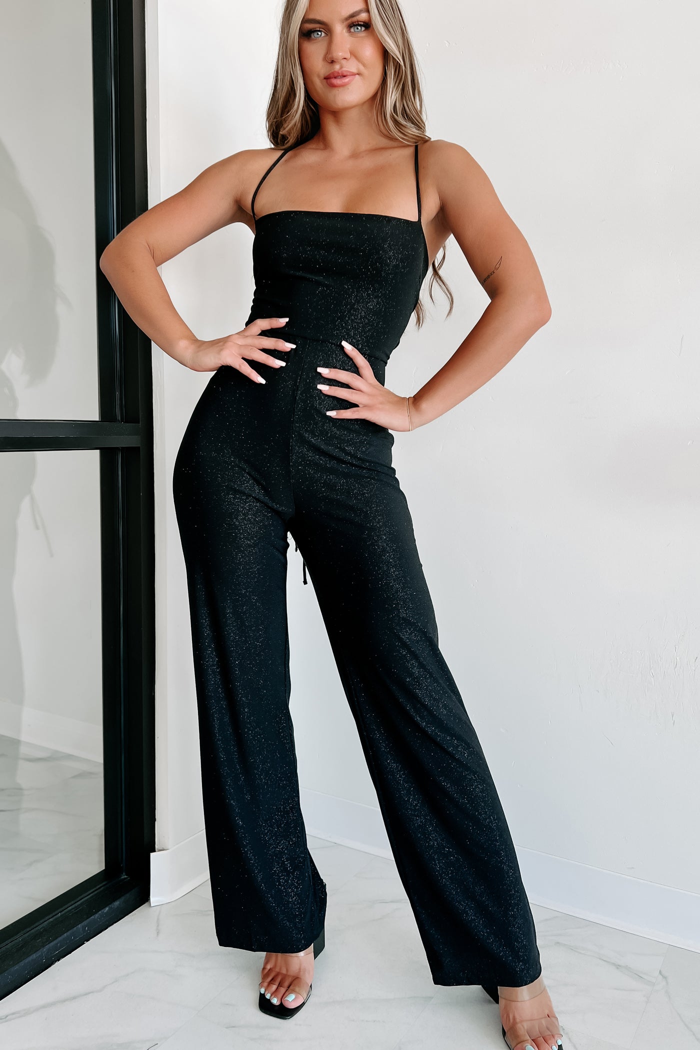 Accepting This Award Glitter Lace-Up Back Jumpsuit (Black) - NanaMacs