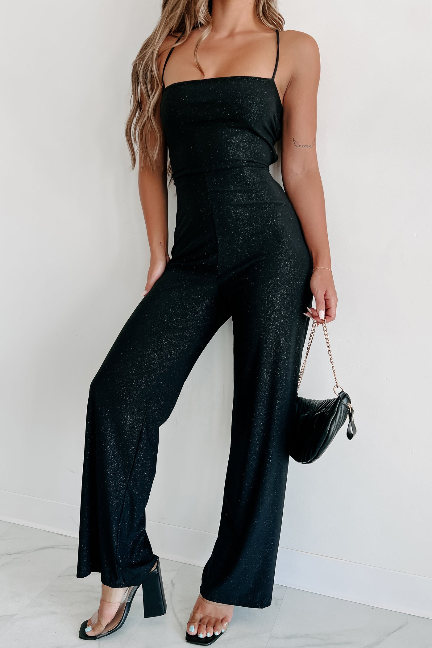 Accepting This Award Glitter Lace-Up Back Jumpsuit (Black) - NanaMacs