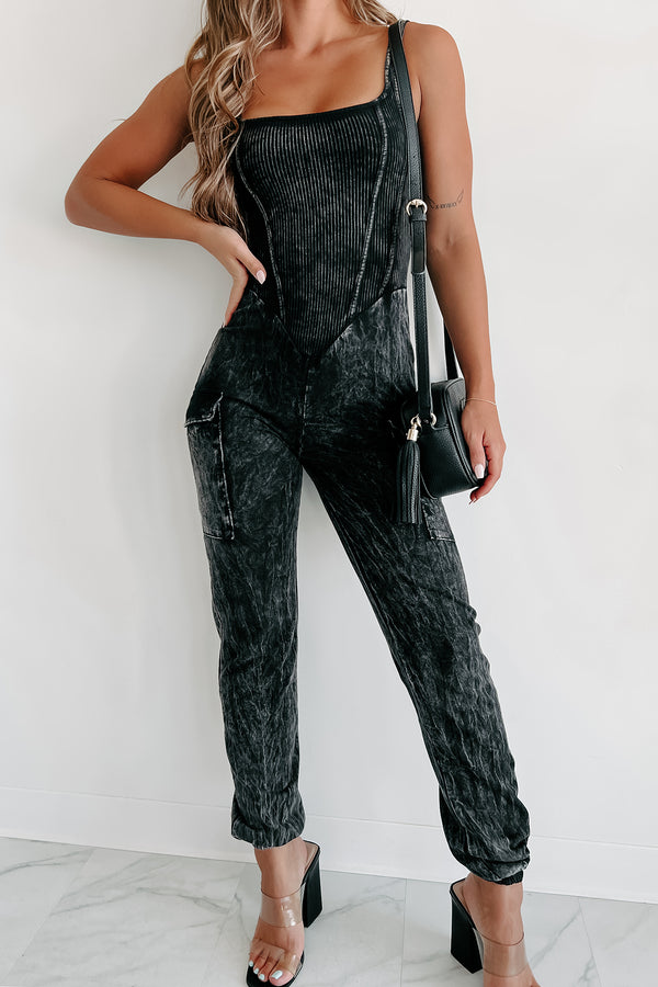 No Issues Here Mineral Wash Cargo Jumpsuit (Black) - NanaMacs