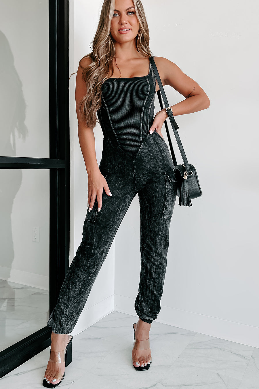 No Issues Here Mineral Wash Cargo Jumpsuit (Black) - NanaMacs