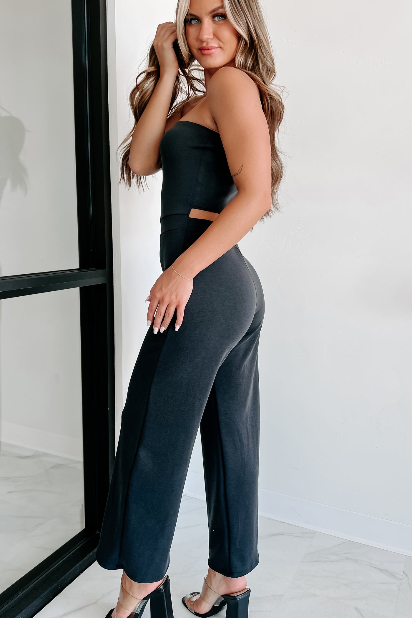 Take A Minute Wide Leg Strapless Jumpsuit (Black) - NanaMacs