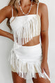 Broadway Babe Denim Fringe Two-Piece Skirt Set (White/Taupe) - NanaMacs