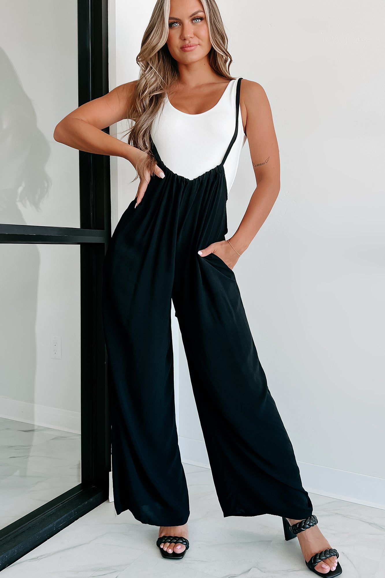 Living Freely Wide Leg Suspender Jumpsuit (Black) · NanaMacs