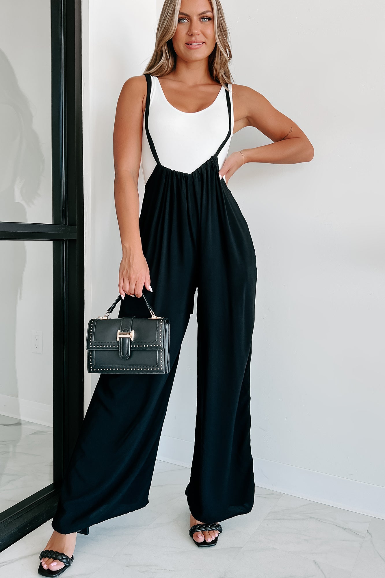 Living Freely Wide Leg Suspender Jumpsuit (Black) · NanaMacs