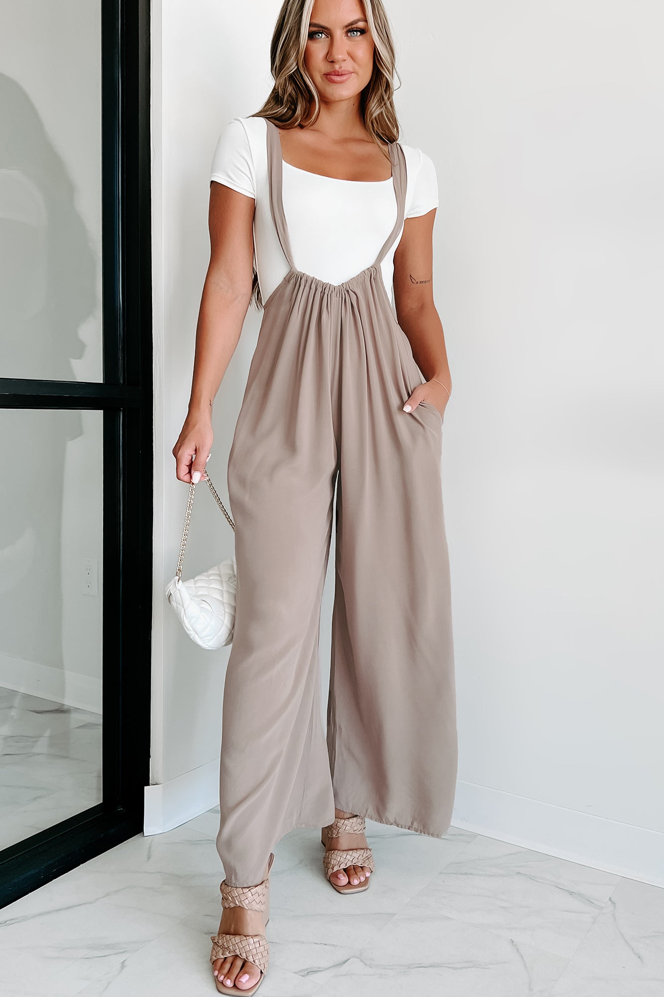 Living Freely Wide Leg Suspender Jumpsuit (Mocha) - NanaMacs