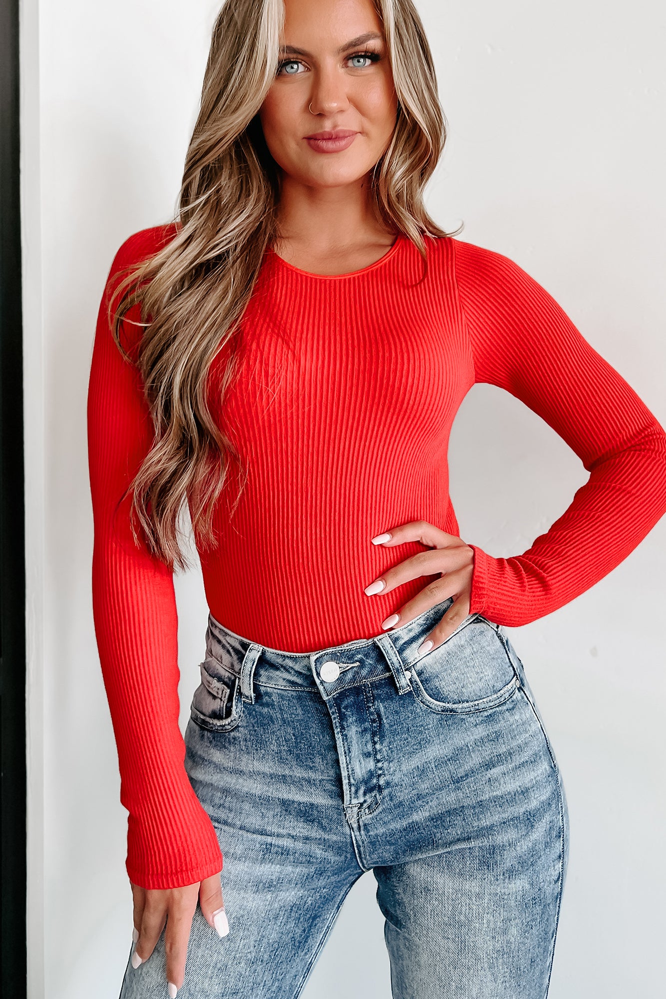 The Simpler The Better Ribbed Long Sleeve Bodysuit (Red) - NanaMacs