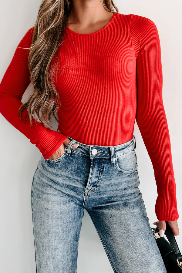 The Simpler The Better Ribbed Long Sleeve Bodysuit (Red) - NanaMacs