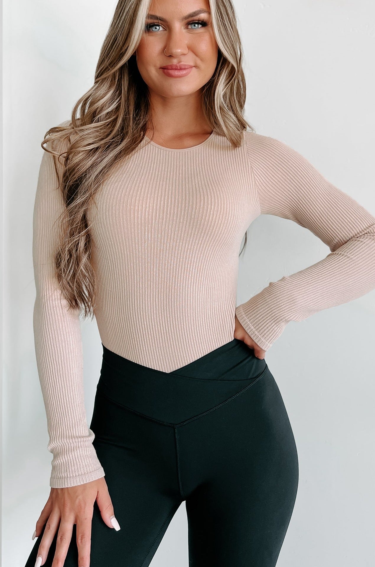 The Simpler The Better Ribbed Long Sleeve Bodysuit (Nude) - NanaMacs