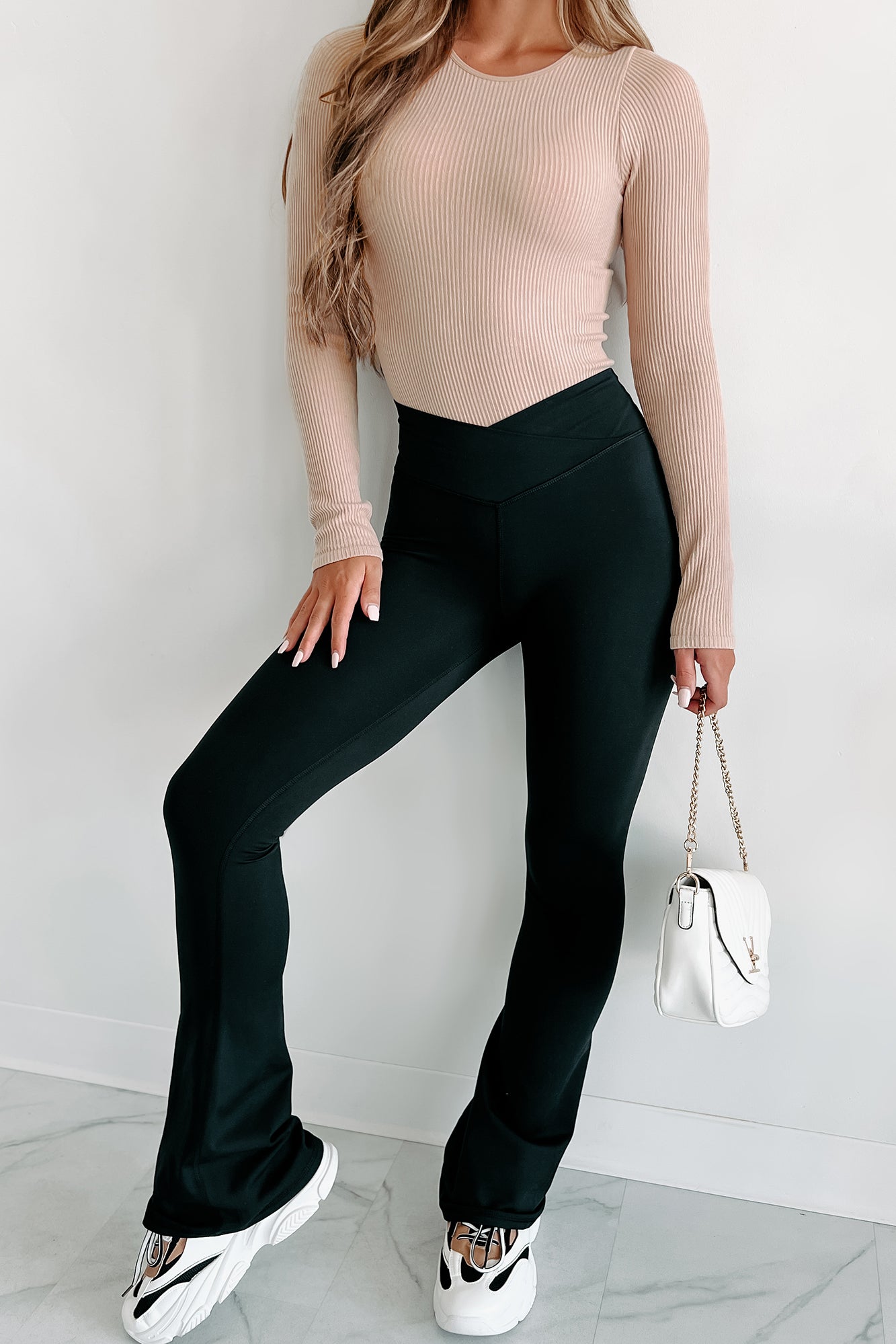 Suki Cross-Over Waist Flared Yoga Pants (Black) - NanaMacs