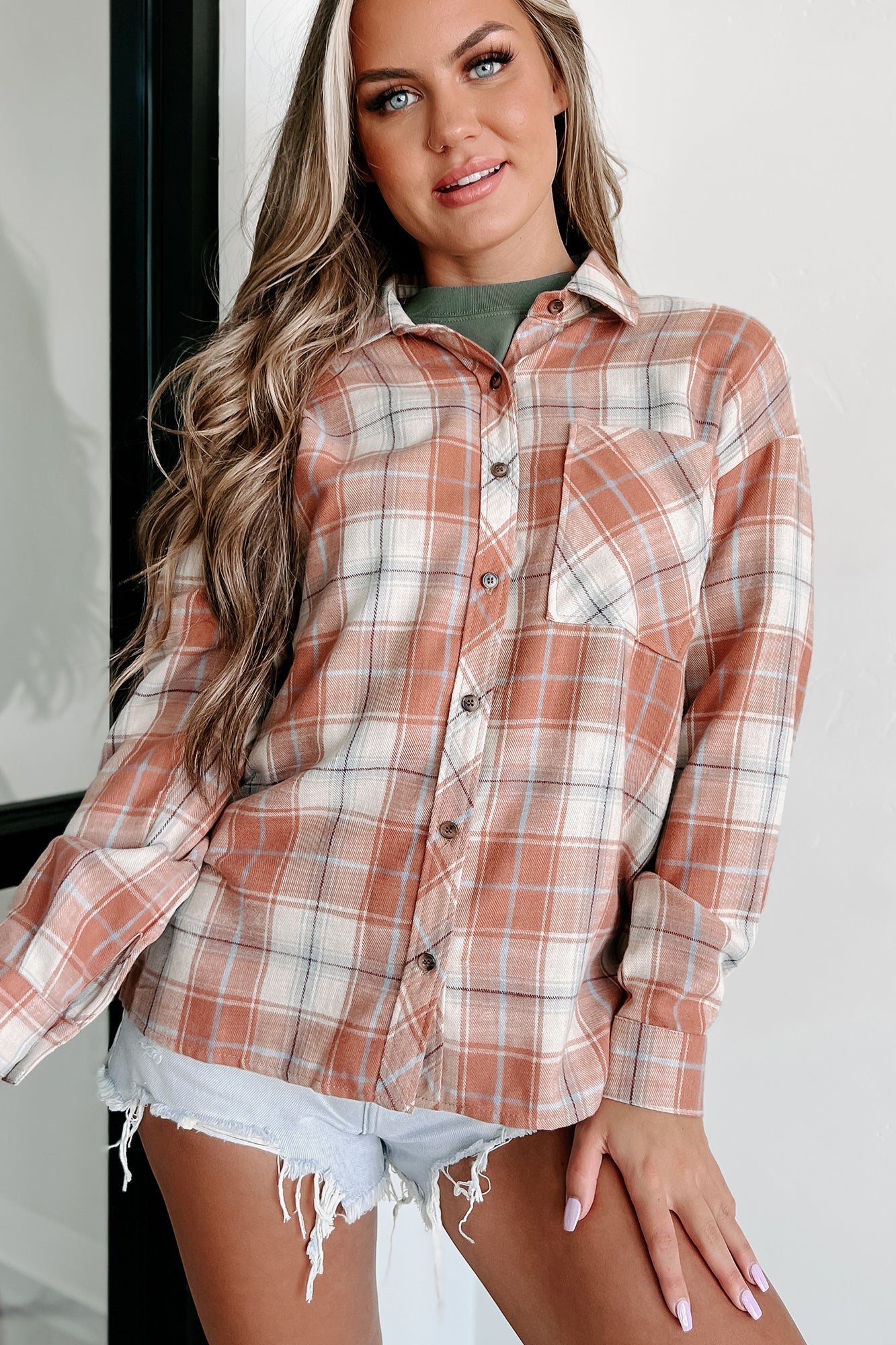 Nothing Fancy Oversized Plaid Shirt (Auburn/Taupe/Blue) - NanaMacs