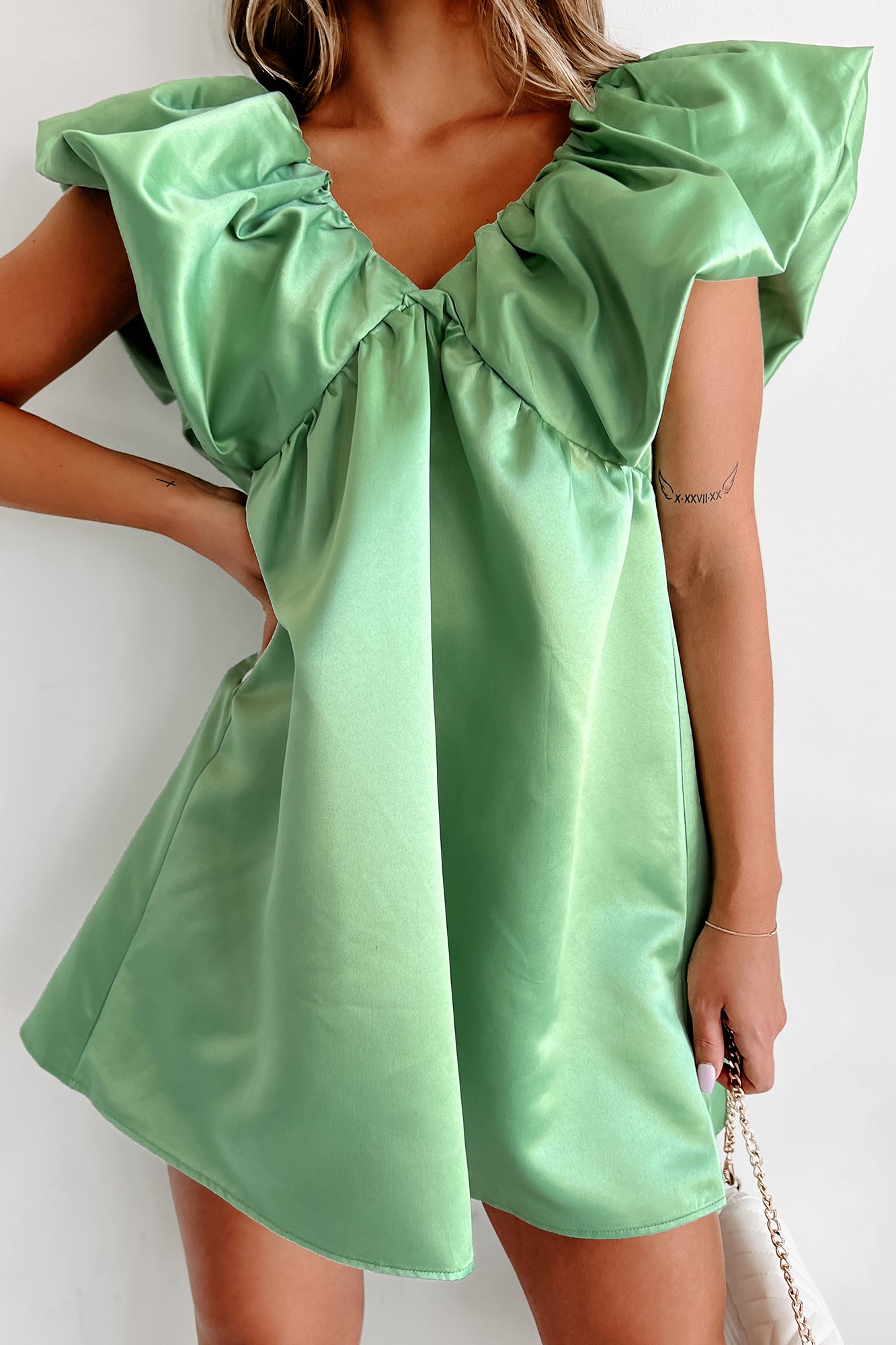 Keeping It Light & Airy Puff Sleeve Babydoll Dress (Sage Green) - NanaMacs