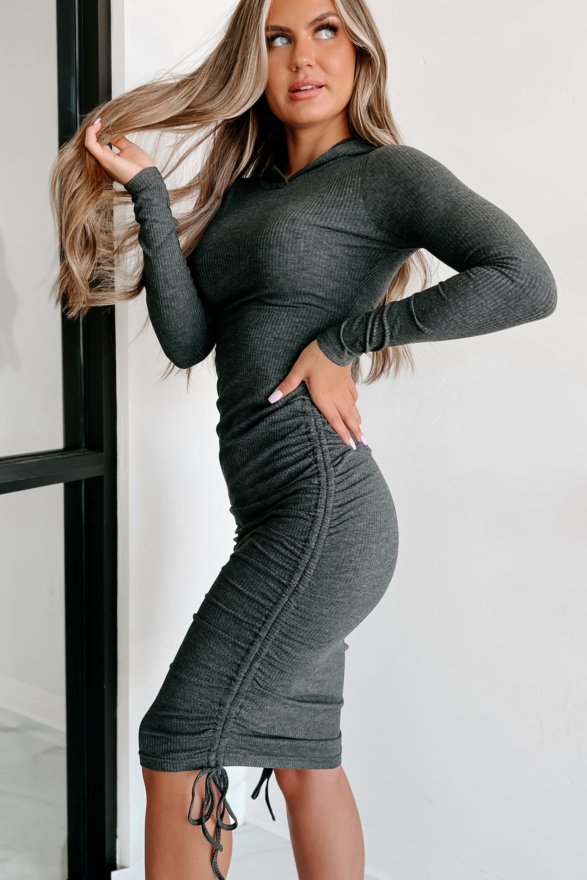 Don't Think About It Hooded Ruched Bodycon Dress (Charcoal) - NanaMacs
