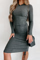 Don't Think About It Hooded Ruched Bodycon Dress (Charcoal) - NanaMacs