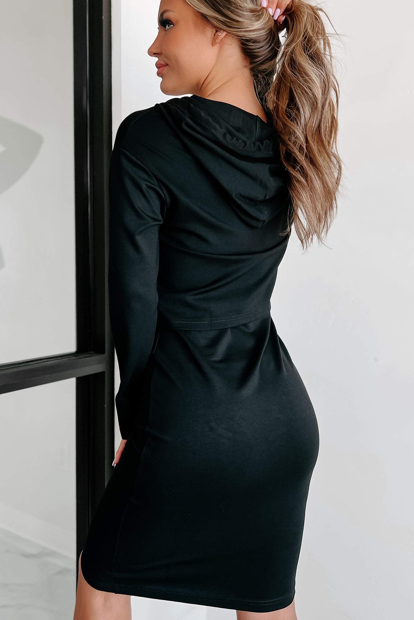 Lydia Midi Dress With Hooded Crop Top Set (Black) - NanaMacs